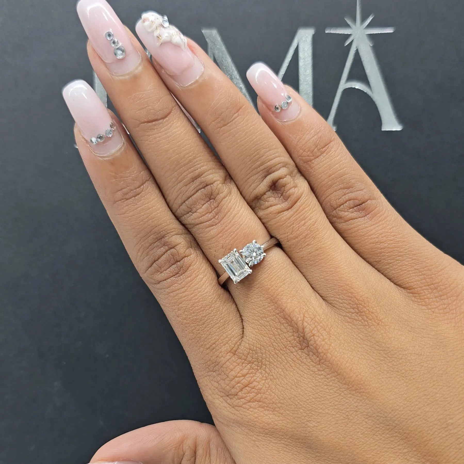 1.60 CT Round & Emerald Cut Diamond Two Stone Ring (Ready for Delivery) Jama Jewels