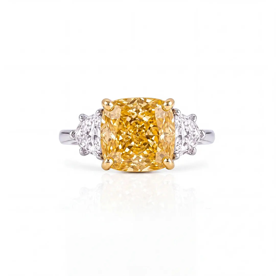 5.65 CT Three Stone Yellow Cushion Cut Diamond Trilogy Ring