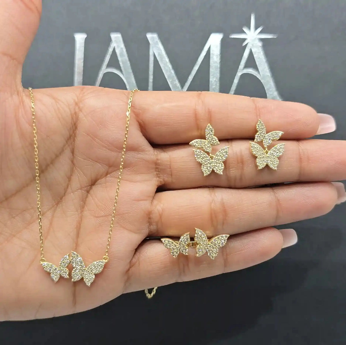 1.70 CT Double Butterfly Diamond Jewellery Set - Ring, Earring & Chain Pendant (Ready for Delivery) Jama Jewels