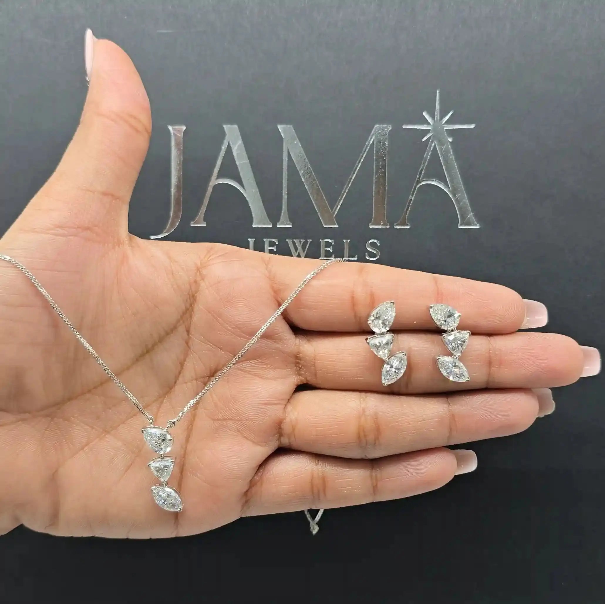 7.70 CT Three Stone Drop Diamond Jewellery Set - Earring & Chain Pendant (Ready for Delivery) Jama Jewels