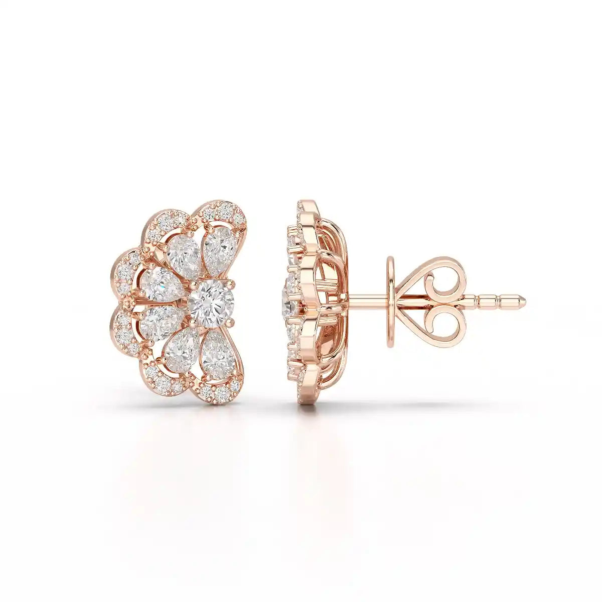 0.95 CT Flower Shape Stud Earring with Pear & Round cut Lab Diamonds