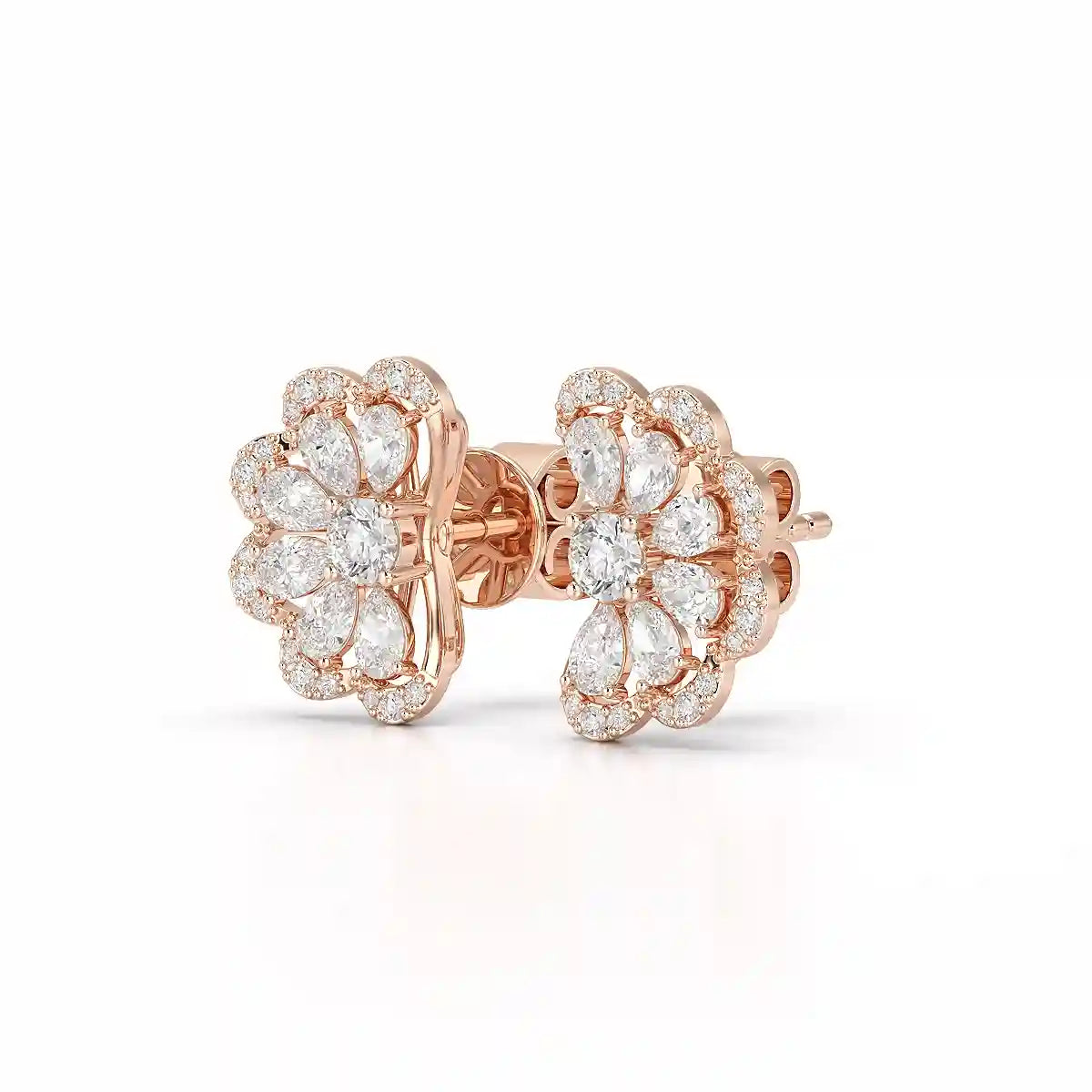 0.95 CT Flower Shape Stud Earring with Pear & Round cut Lab Diamonds
