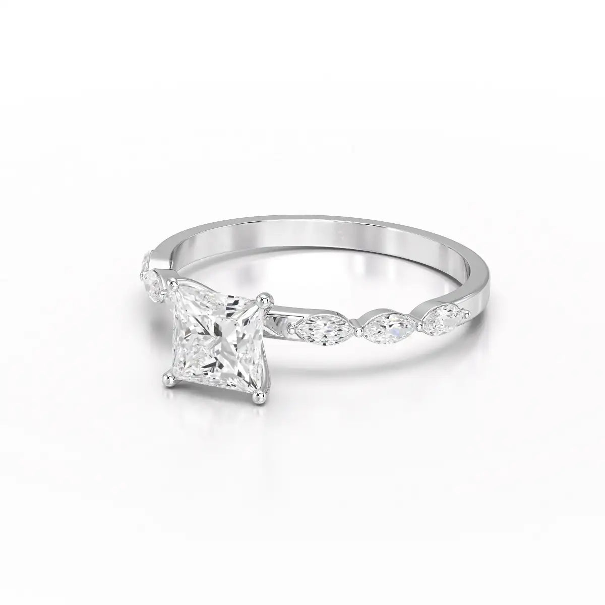 1.3 CT Princess Cut Lab Diamond Ring with Marquise cut Side Diamonds