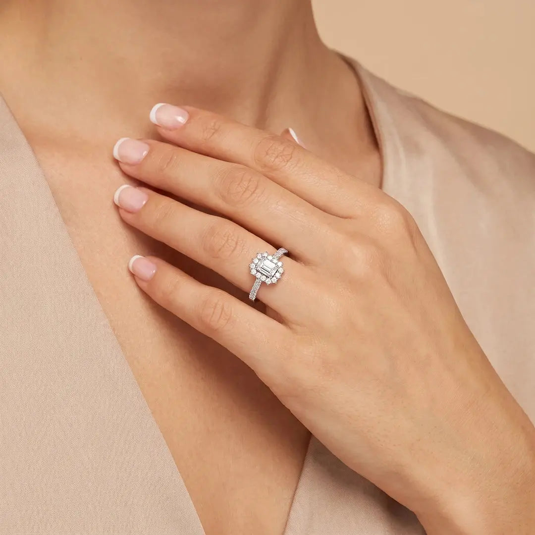 1.50 CT Emerald Cut Lab Diamond Halo Ring