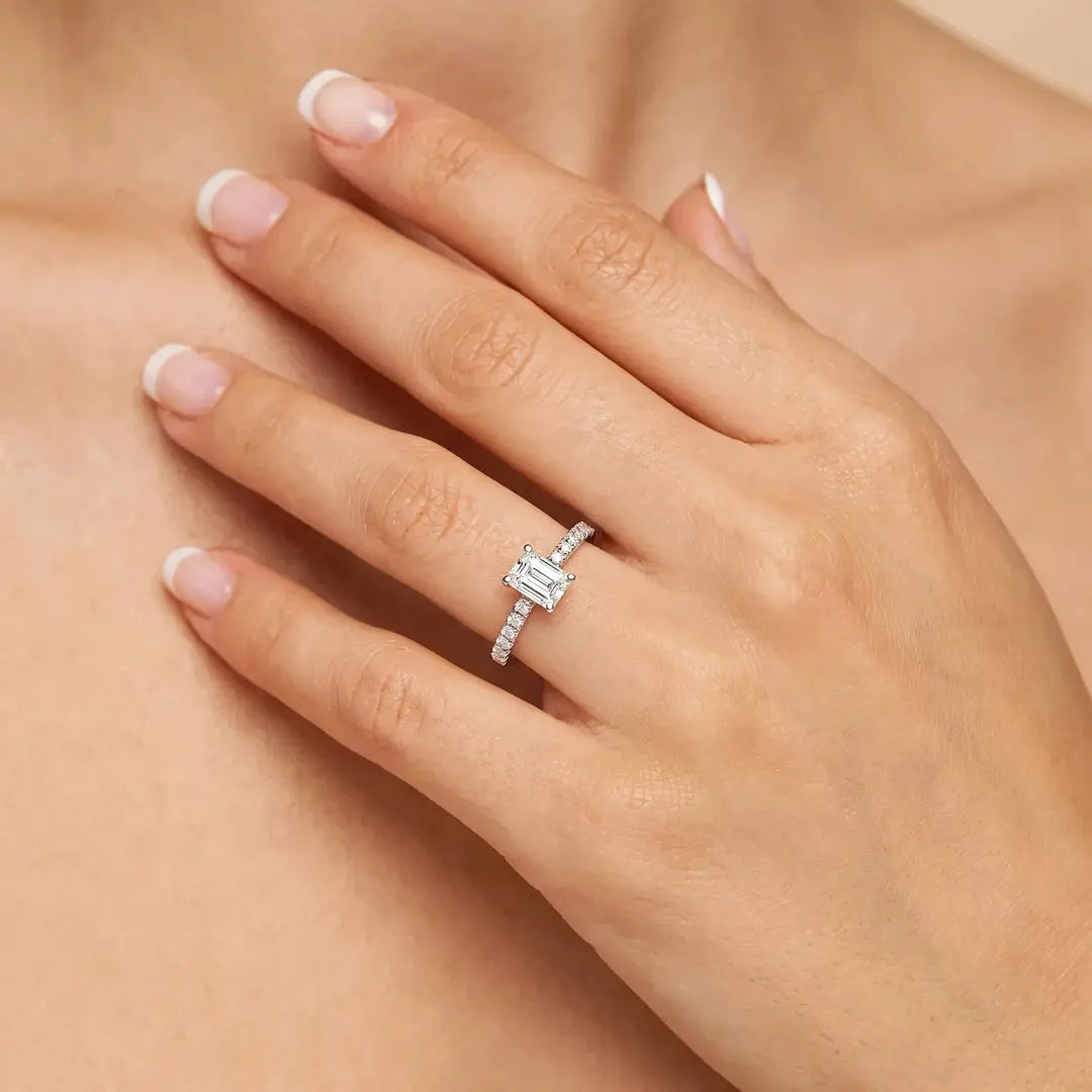 1.30 CT Emerald Cut Solitaire Pavé Diamond Ring