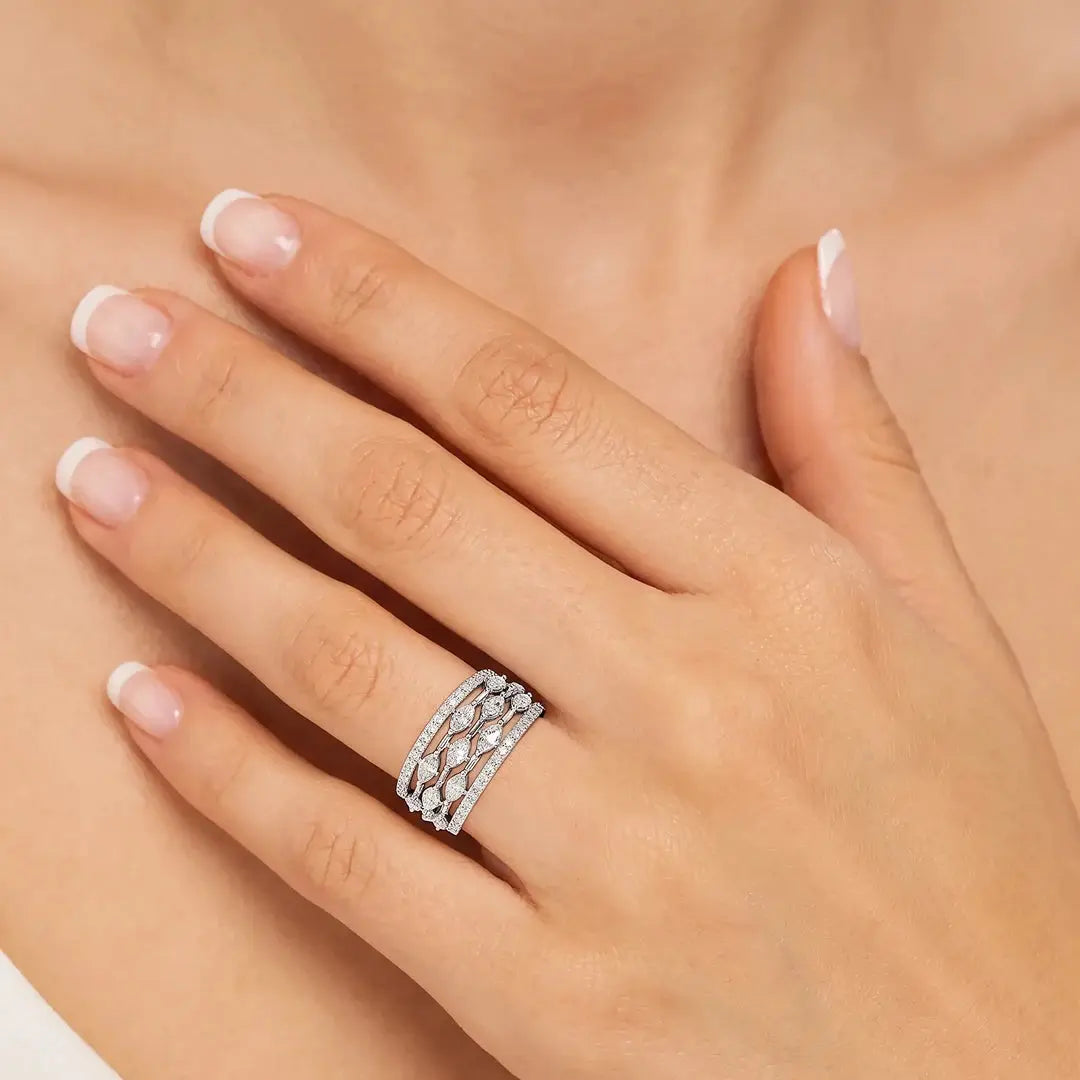 1.75 CT Marquise & Round Cut Lab Diamond Five Row Ring