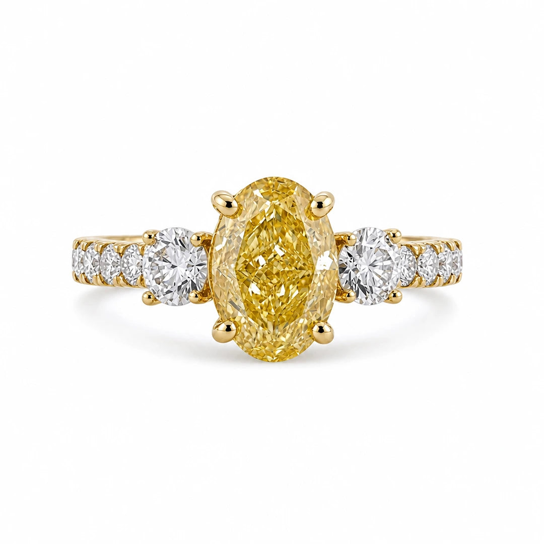 2.20 CT Three Stone Oval & Round Cut Ring With Side Diamonds