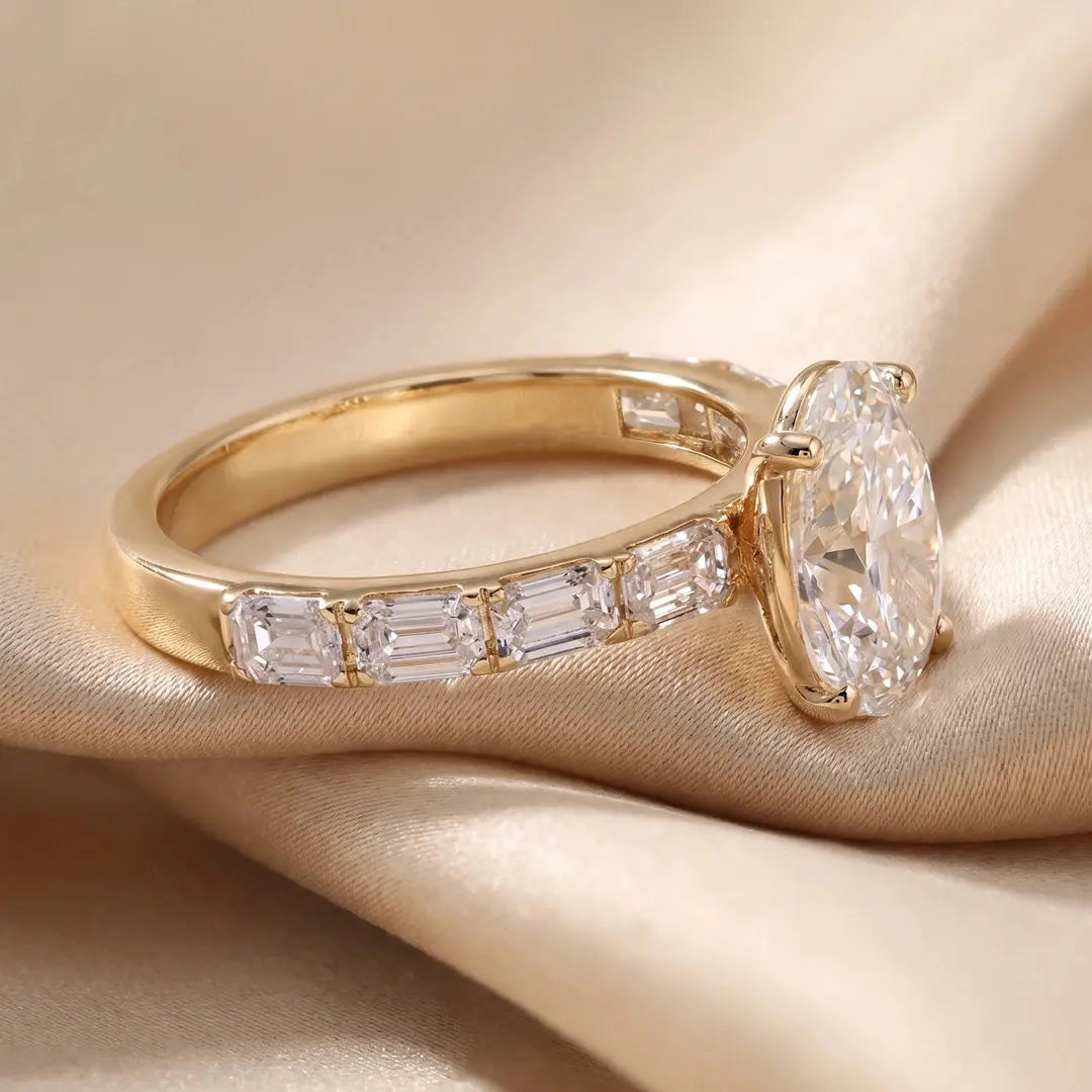 3.25 CT Oval & East West Emerald Diamond Ring