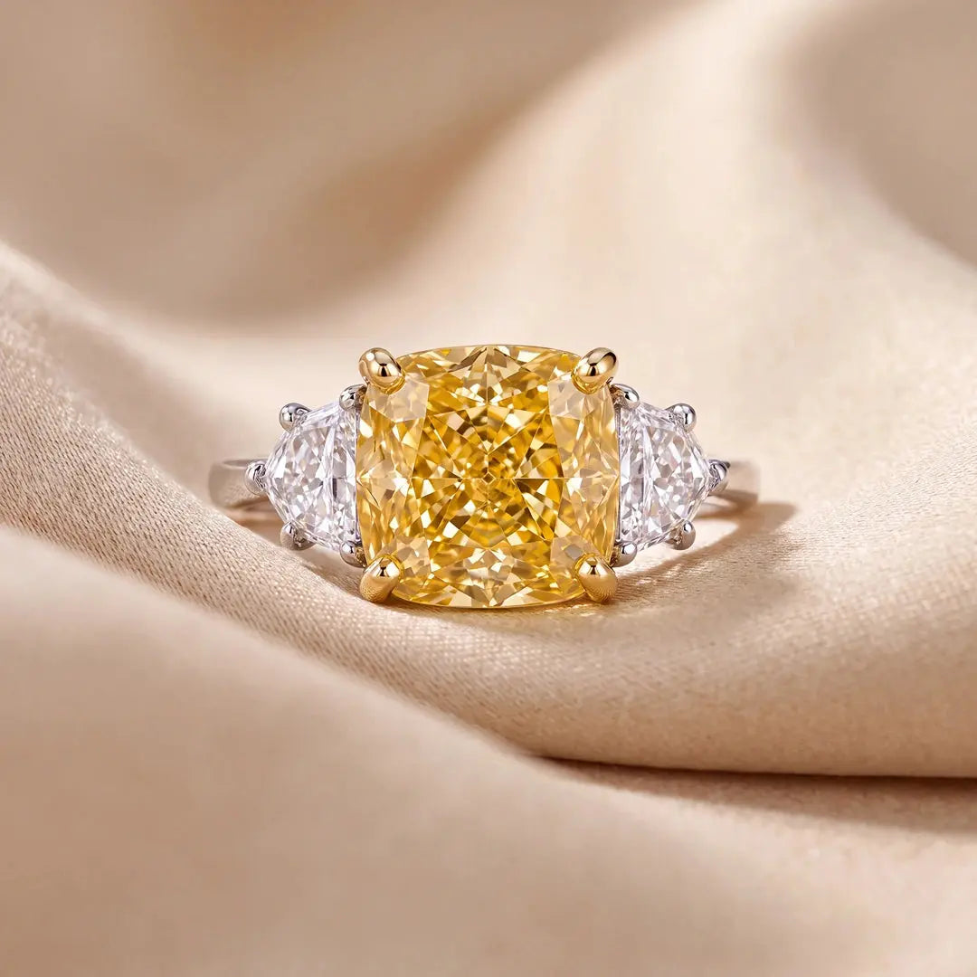 5.65 CT Three Stone Yellow Cushion Cut Diamond Trilogy Ring