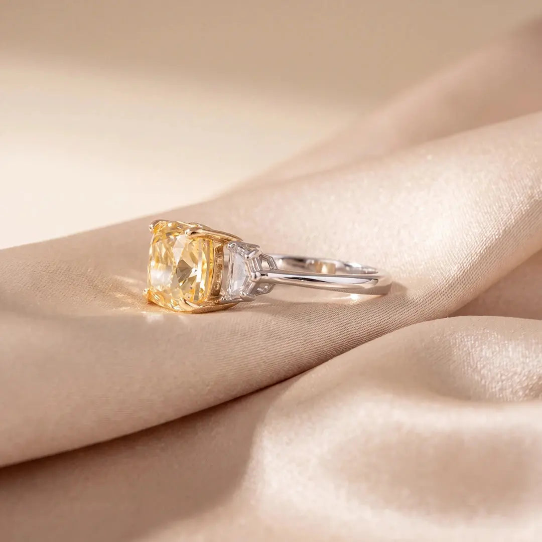 5.65 CT Three Stone Yellow Cushion Cut Diamond Trilogy Ring