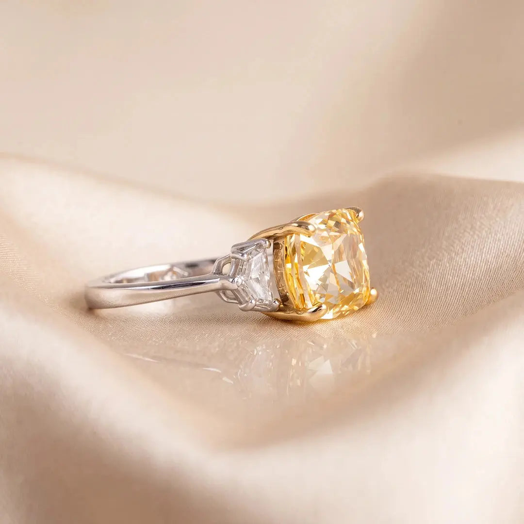5.65 CT Three Stone Yellow Cushion Cut Diamond Trilogy Ring