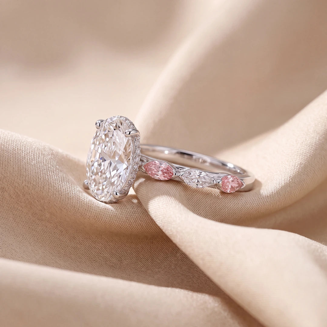 3.85 CT Oval Cut Hidden Halo Ring with Pink and White Diamonds