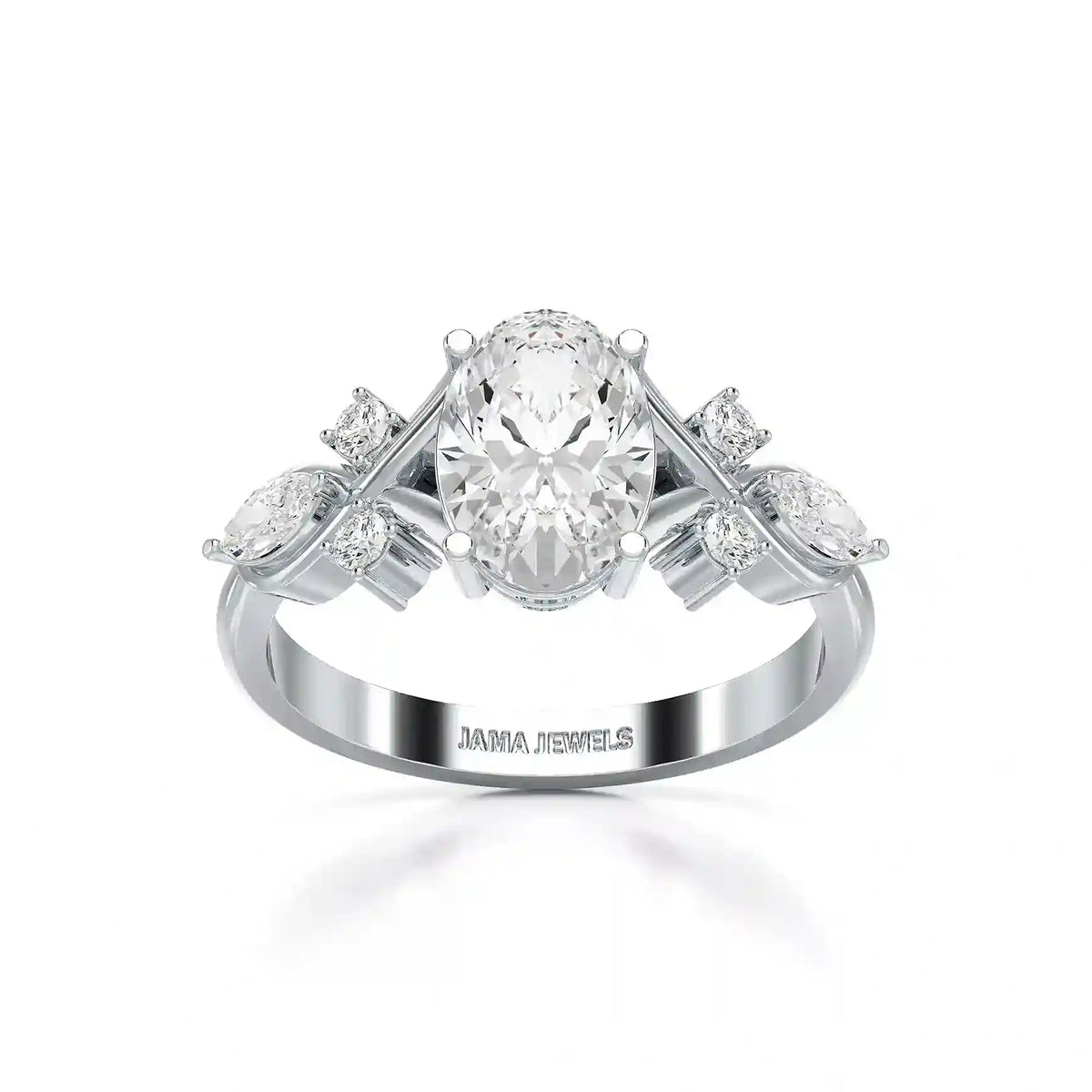 1.80 CT Oval Cut Sideways Ring with Marquise & Round Side Diamonds