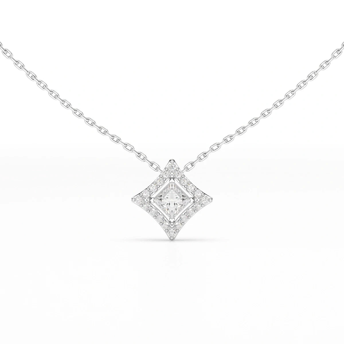 0.70 CT Princess Cut Halo Chain Pendant with Round Diamonds
