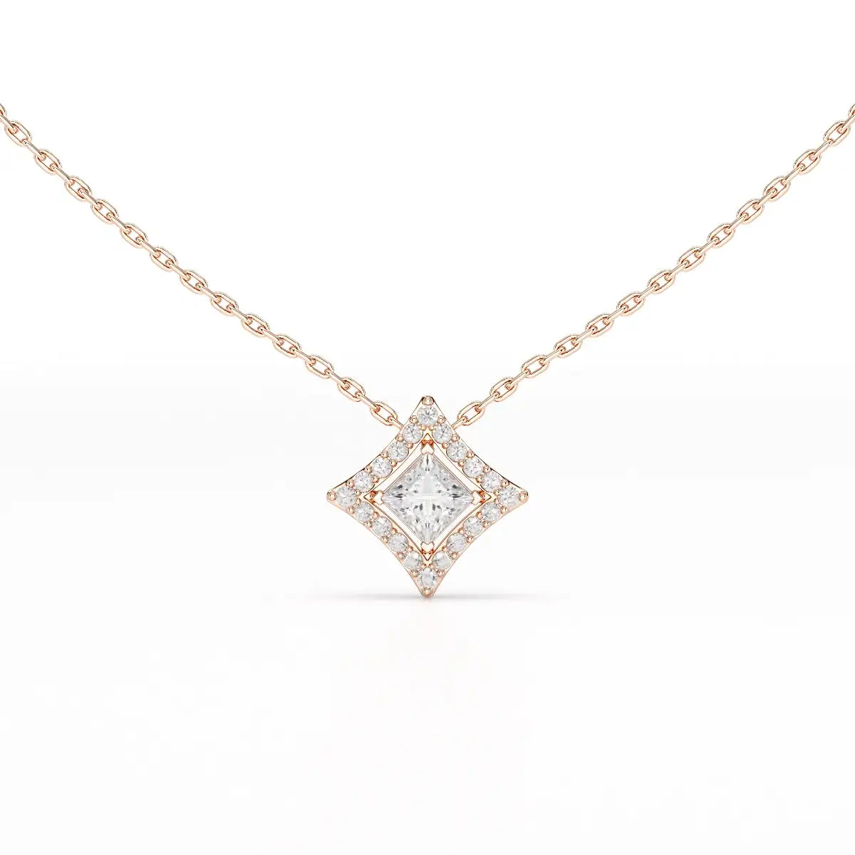 0.70 CT Princess Cut Halo Chain Pendant with Round Diamonds
