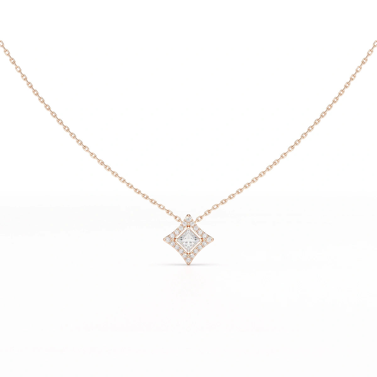 0.70 CT Princess Cut Halo Chain Pendant with Round Diamonds