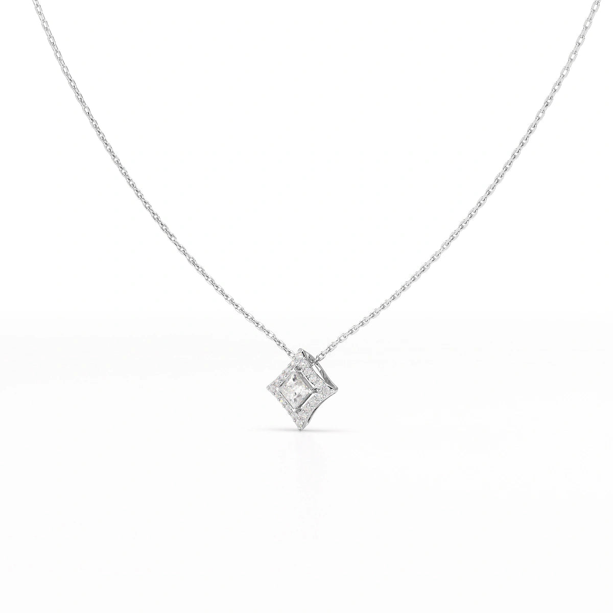 0.70 CT Princess Cut Halo Chain Pendant with Round Diamonds