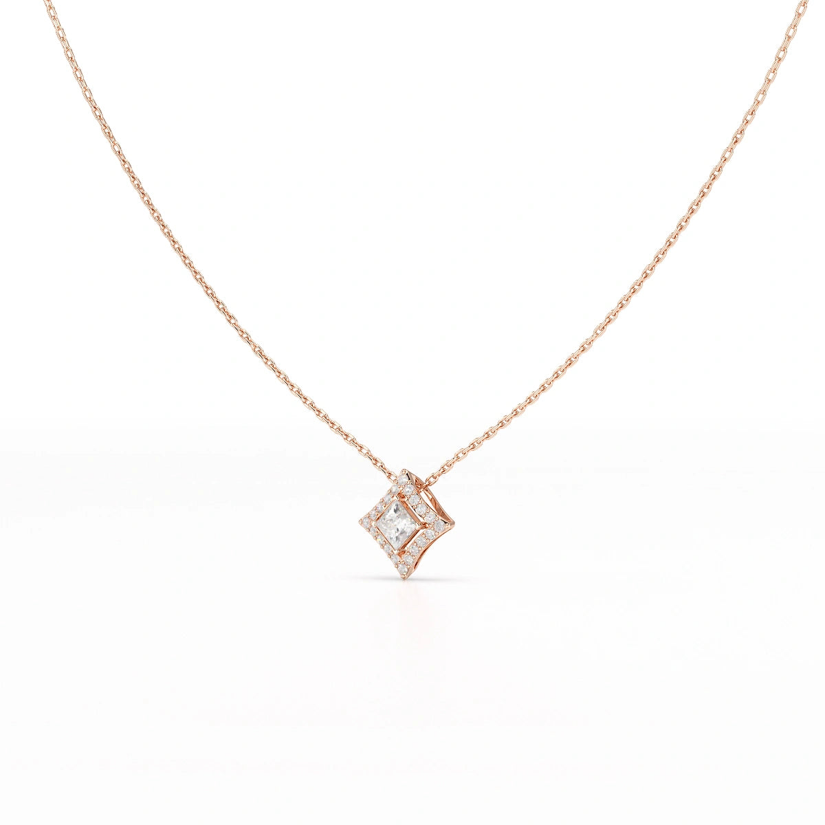 0.70 CT Princess Cut Halo Chain Pendant with Round Diamonds
