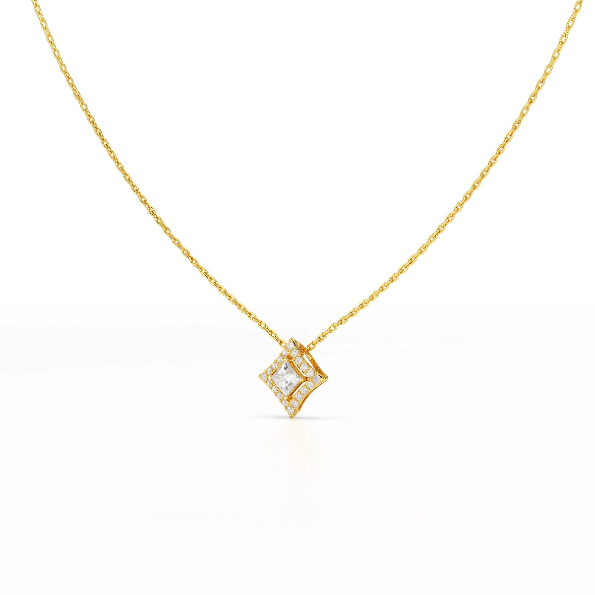 0.70 CT Princess Cut Halo Chain Pendant with Round Diamonds