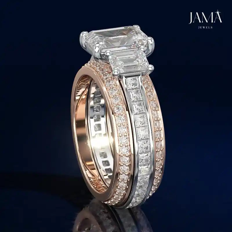 3 Stone Emerald Cut Two-Tone Lab Diamond Ring