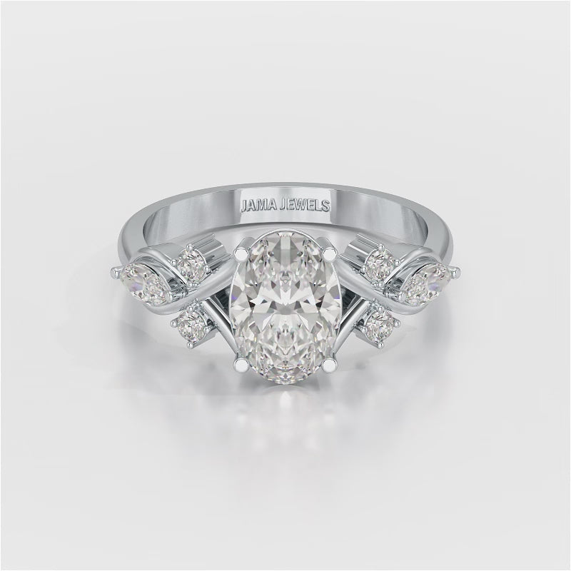 1.80 CT Oval Cut Sideways Ring with Marquise & Round Side Diamonds