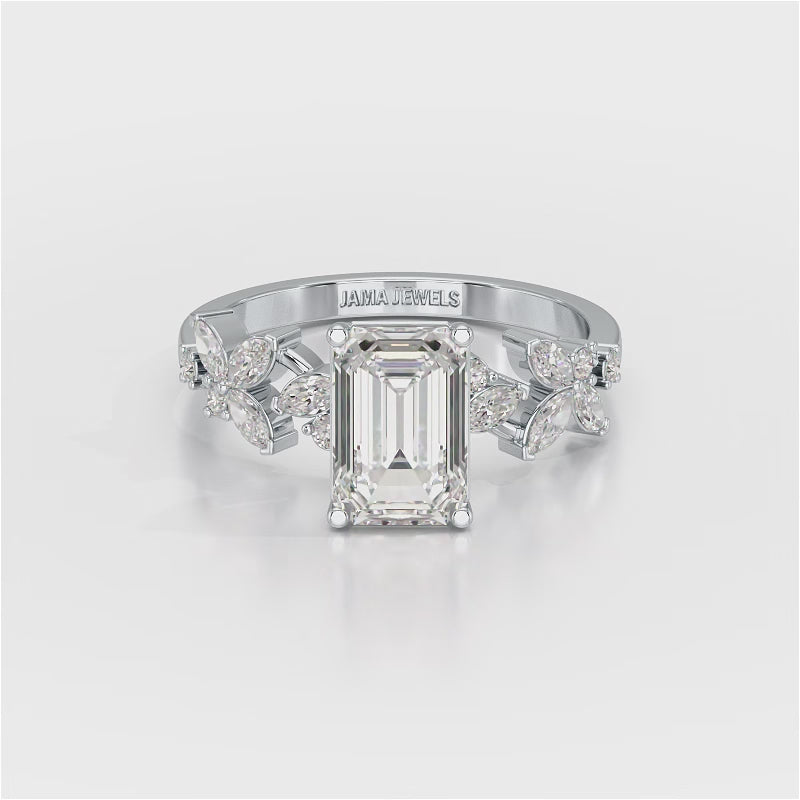 2.45 CT Emerald Cut Diamond Ring with Marquise & Round Diamonds