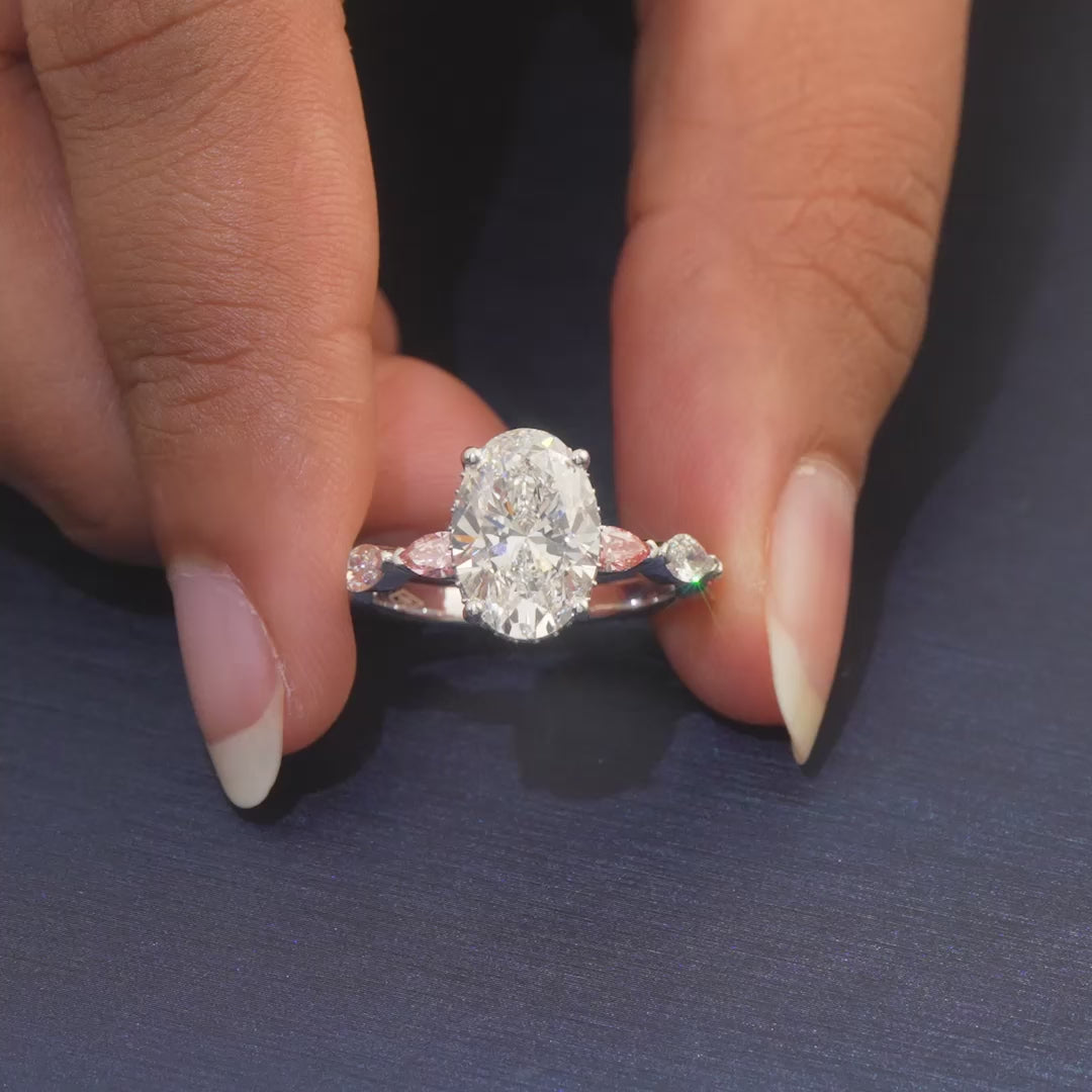 3.85 CT Oval Cut Hidden Halo Ring with Pink and White Marquise Diamonds