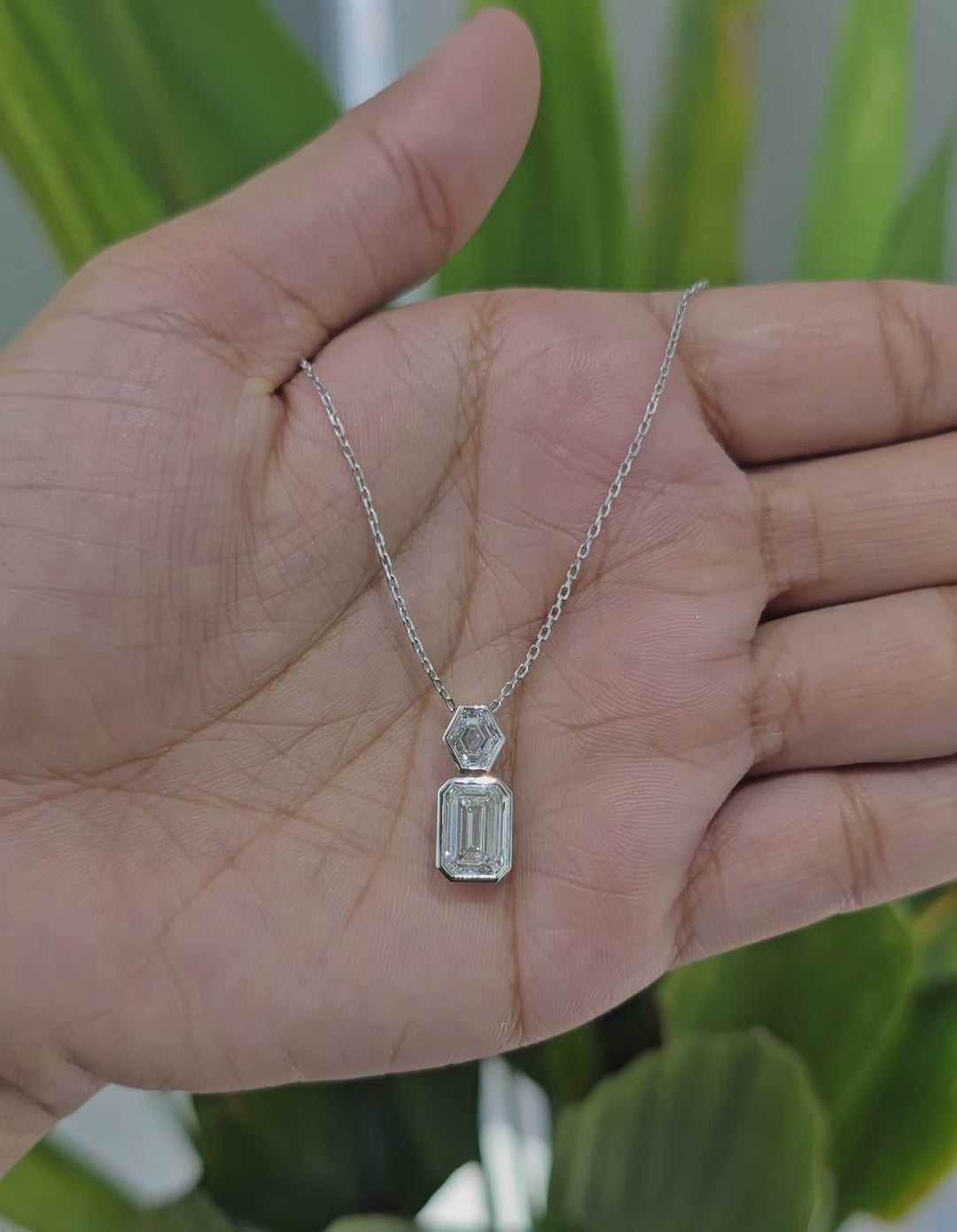 2.65 CT Emerald & Hexagon Cut Diamond Chain Pendant (Ready for Delivery)