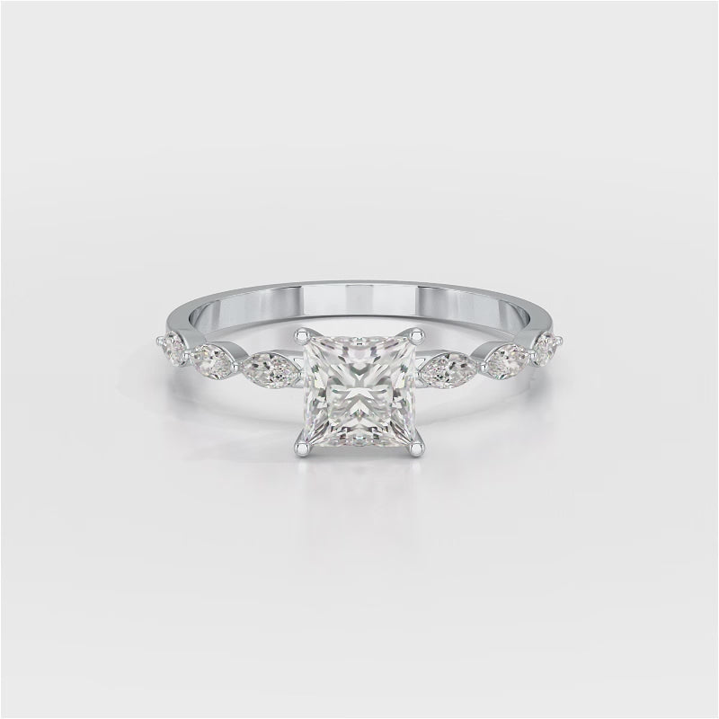 1.3 CT Princess Cut Lab Diamond Ring with Marquise cut Side Diamonds