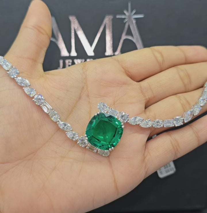 33 CT Lab Grown Diamond Necklace with 20 CT Green Emerald Gemstone in Center (Ready for Delivery)
