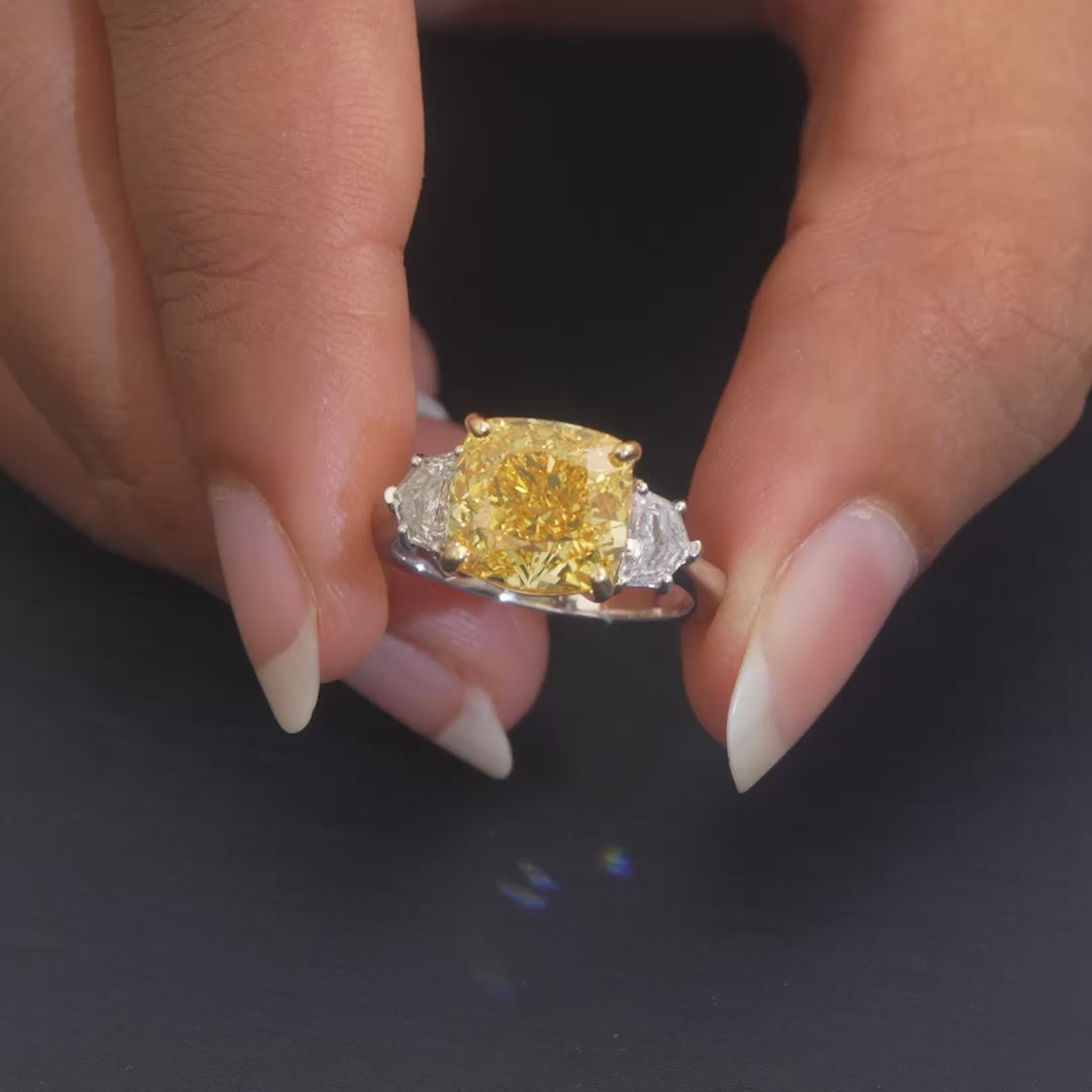 5.65 CT Three Stone Yellow Cushion Cut Diamond Trilogy Ring