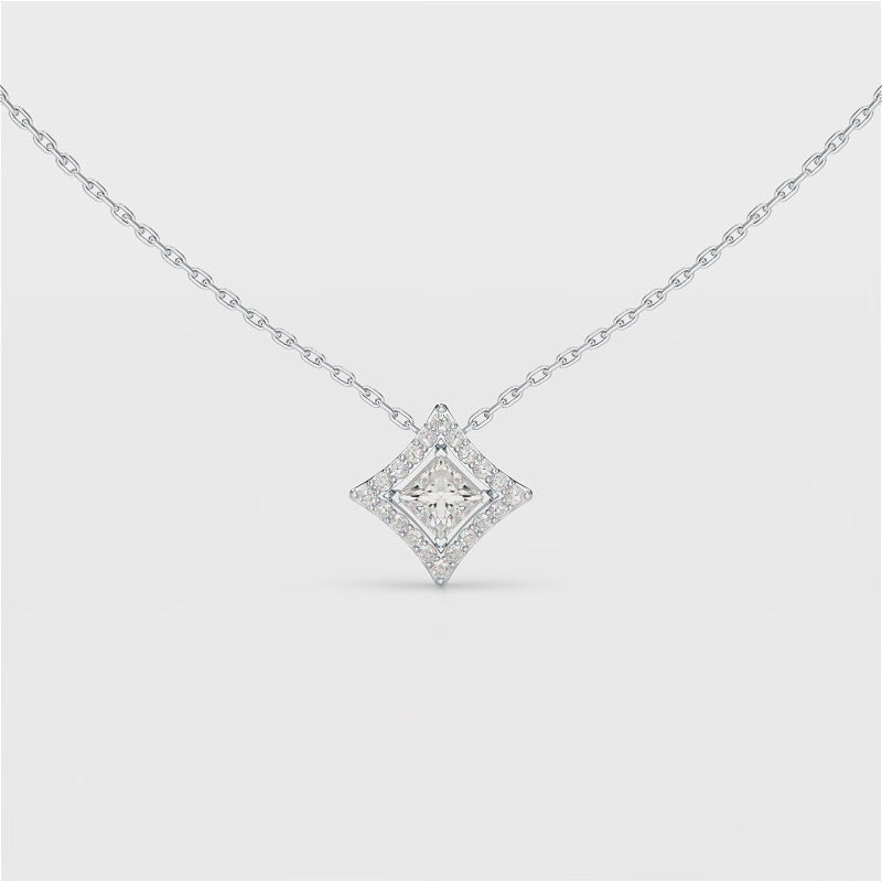 0.70 CT Princess Cut Halo Chain Pendant with Round Diamonds