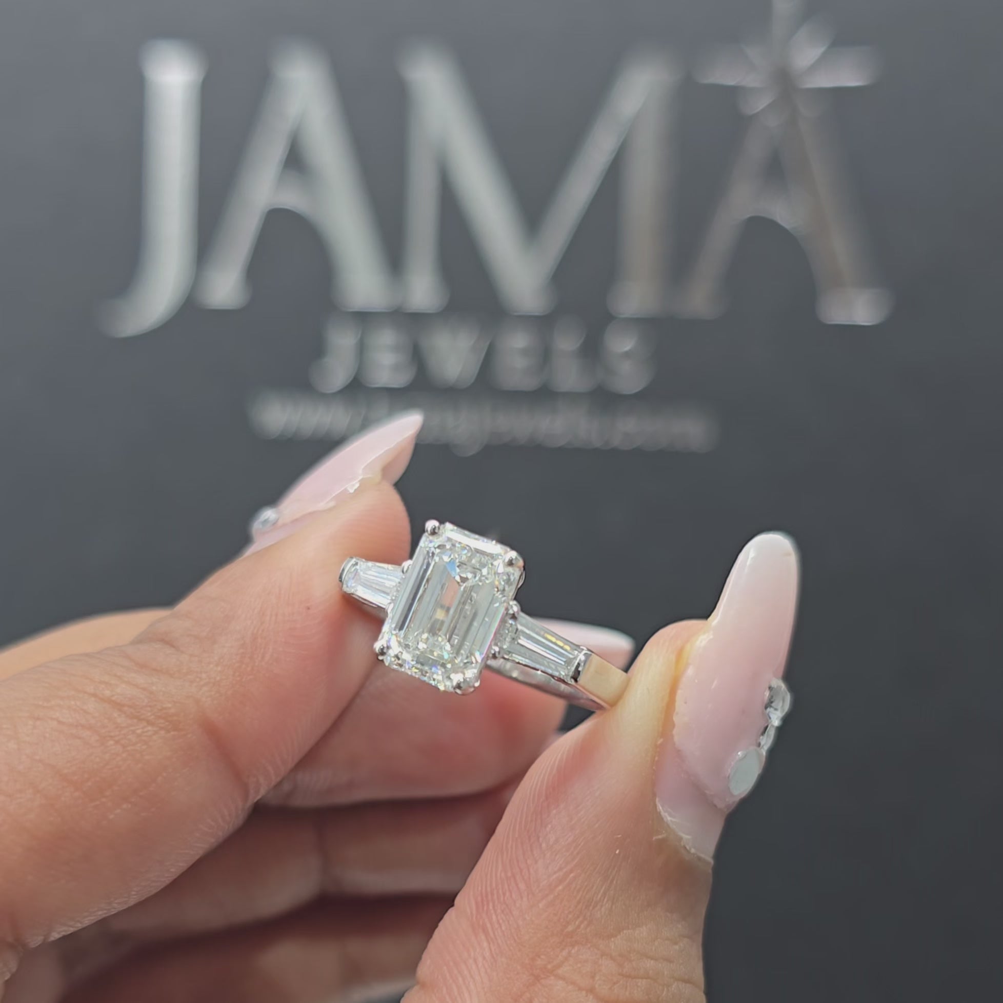 2.40 CT Lab Diamond Emerald & Taper Cut Three Stone Ring (Ready for Delivery)