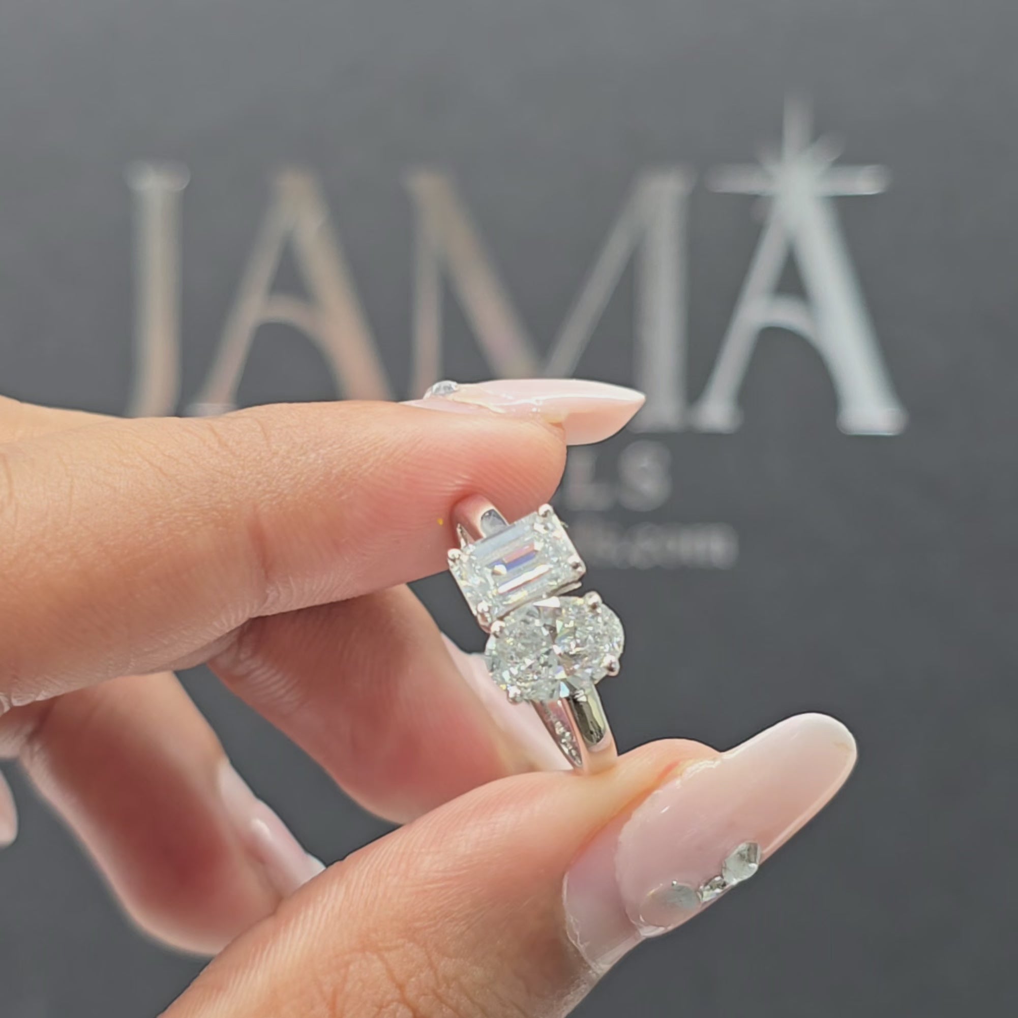 1.90 CT Oval & Emerald Cut Diamond Two Stone Ring (Ready for Delivery)